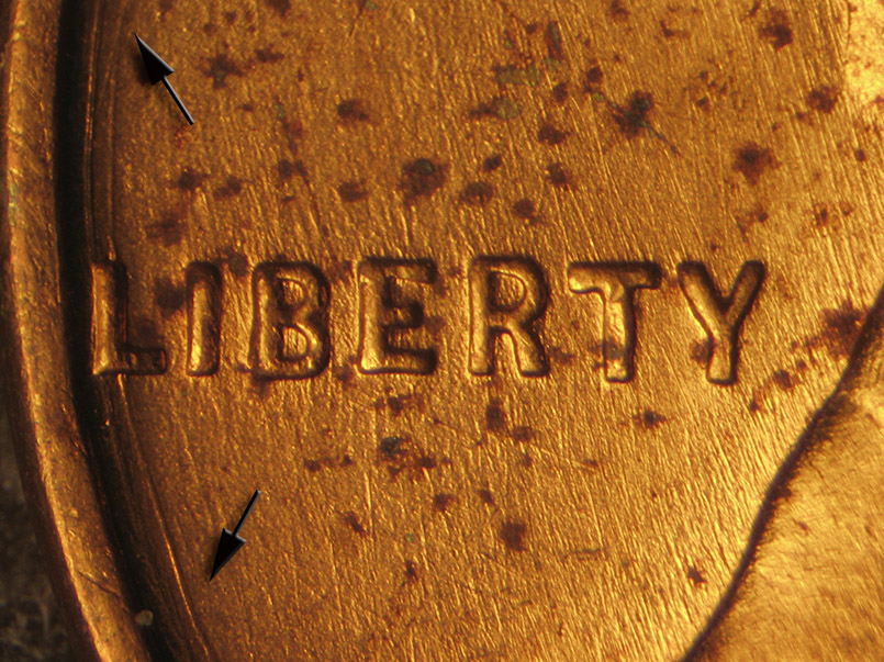 Die-stage B marker on 1936P•1DO•012 (1936 Doubled Die Obverse).