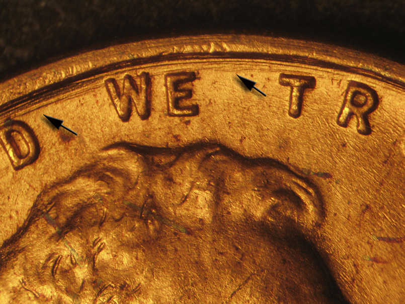 Die-stage B marker on 1936P•1DO•012 (1936 Doubled Die Obverse).