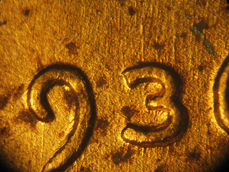 Die-stage B marker on 1936P•1DO•012 (1936 Doubled Die Obverse).