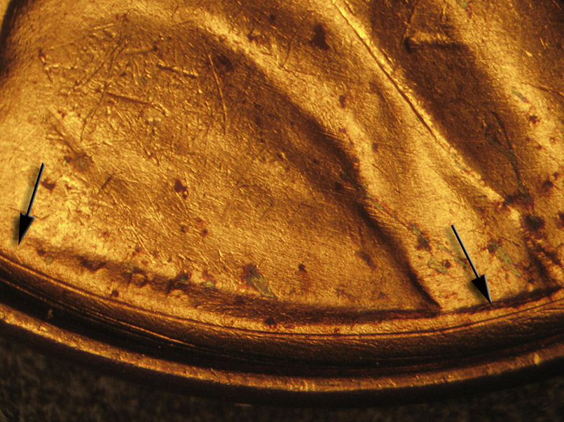 Die-stage B marker on 1936P•1DO•012 (1936 Doubled Die Obverse).