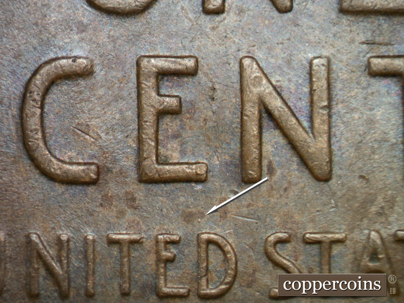 Die-stage B marker on 1936P•1DO•013 (1936 Doubled Die Obverse).