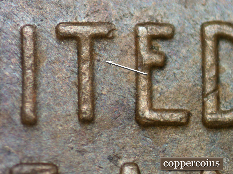 Die-stage B marker on 1936P•1DO•013 (1936 Doubled Die Obverse).