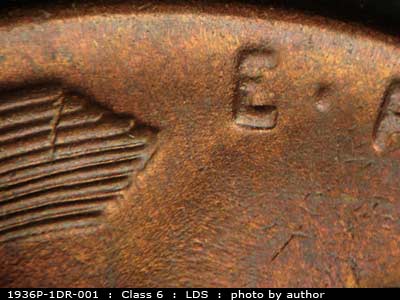 Die-stage C marker on 1936P•1DR•001 (1936 Doubled Die Reverse).