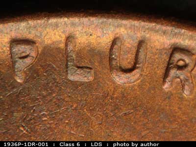 Die-stage C marker on 1936P•1DR•001 (1936 Doubled Die Reverse).