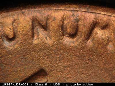 Die-stage C marker on 1936P•1DR•001 (1936 Doubled Die Reverse).