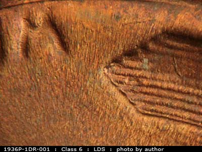 Die-stage C marker on 1936P•1DR•001 (1936 Doubled Die Reverse).