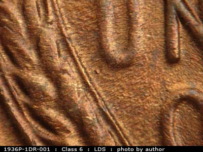 Die-stage C marker on 1936P•1DR•001 (1936 Doubled Die Reverse).