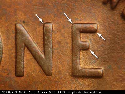 Die-stage C marker on 1936P•1DR•001 (1936 Doubled Die Reverse).