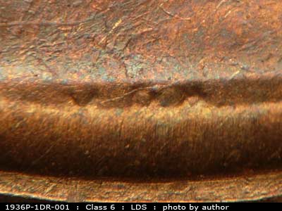 Die-stage C marker on 1936P•1DR•001 (1936 Doubled Die Reverse).