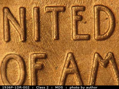 Die-stage B marker on 1936P•1DR•002 (1936 Doubled Die Reverse).