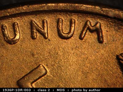 Die-stage B marker on 1936P•1DR•003 (1936 Doubled Die Reverse).