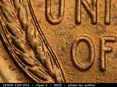 Die-stage B marker on 1936P•1DR•003 (1936 Doubled Die Reverse).