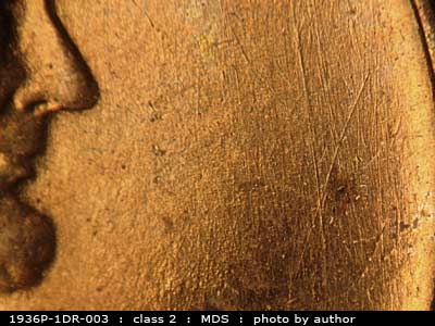 Die-stage B marker on 1936P•1DR•003 (1936 Doubled Die Reverse).
