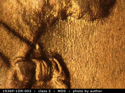 Die-stage B marker on 1936P•1DR•003 (1936 Doubled Die Reverse).