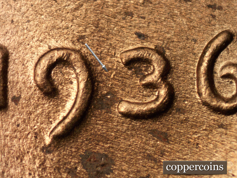 Die-stage C marker on 1936P•1DR•004 (1936 Doubled Die Reverse).