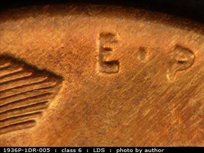 Die-stage C marker on 1936P•1DR•005 (1936 Doubled Die Reverse).