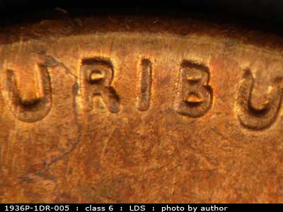 Die-stage C marker on 1936P•1DR•005 (1936 Doubled Die Reverse).