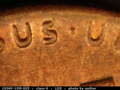 Die-stage C marker on 1936P•1DR•005 (1936 Doubled Die Reverse).