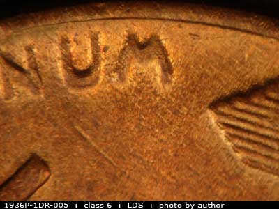 Die-stage C marker on 1936P•1DR•005 (1936 Doubled Die Reverse).