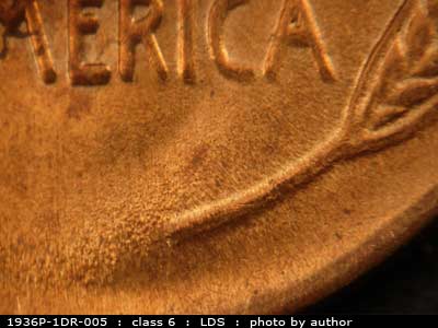 Die-stage C marker on 1936P•1DR•005 (1936 Doubled Die Reverse).