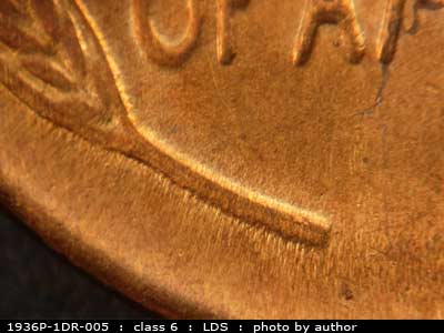 Die-stage C marker on 1936P•1DR•005 (1936 Doubled Die Reverse).