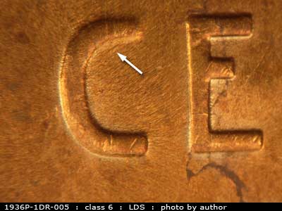 Die-stage C marker on 1936P•1DR•005 (1936 Doubled Die Reverse).