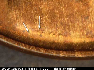 Die-stage C marker on 1936P•1DR•005 (1936 Doubled Die Reverse).
