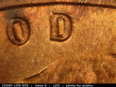 Die-stage C marker on 1936P•1DR•005 (1936 Doubled Die Reverse).