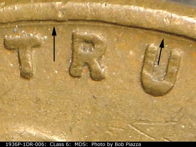 Die-stage B marker on 1936P•1DR•006 (1936 Doubled Die Reverse).