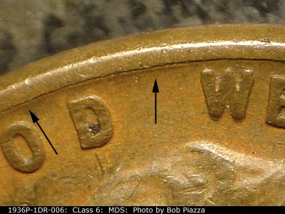 Die-stage B marker on 1936P•1DR•006 (1936 Doubled Die Reverse).