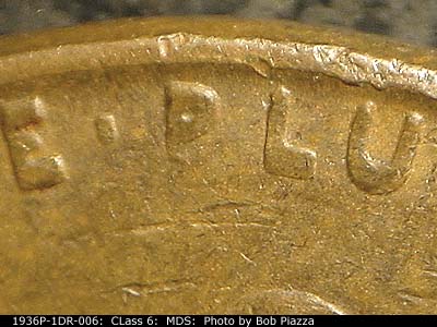 Die-stage B marker on 1936P•1DR•006 (1936 Doubled Die Reverse).