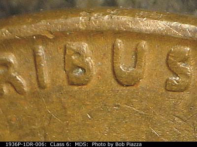 Die-stage B marker on 1936P•1DR•006 (1936 Doubled Die Reverse).