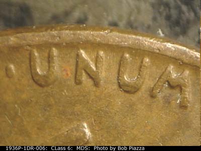 Die-stage B marker on 1936P•1DR•006 (1936 Doubled Die Reverse).