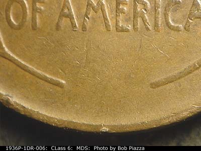 Die-stage B marker on 1936P•1DR•006 (1936 Doubled Die Reverse).
