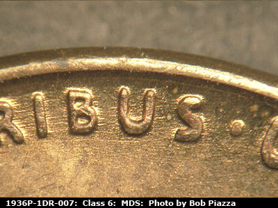 Die-stage B marker on 1936P•1DR•007 (1936 Doubled Die Reverse).