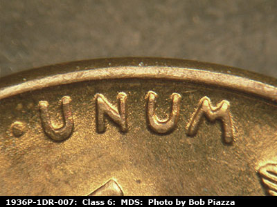 Die-stage B marker on 1936P•1DR•007 (1936 Doubled Die Reverse).