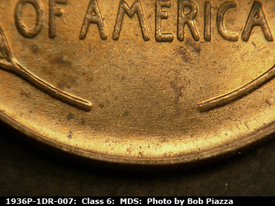 Die-stage B marker on 1936P•1DR•007 (1936 Doubled Die Reverse).