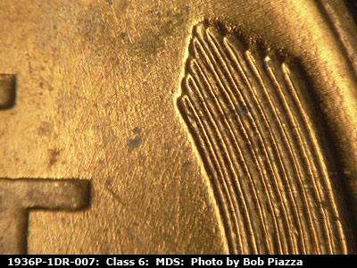 Die-stage B marker on 1936P•1DR•007 (1936 Doubled Die Reverse).