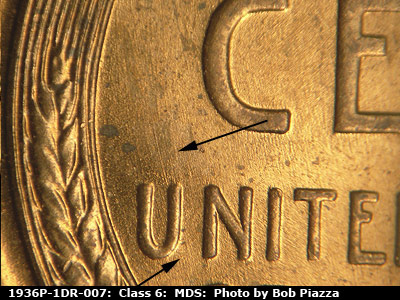 Die-stage B marker on 1936P•1DR•007 (1936 Doubled Die Reverse).