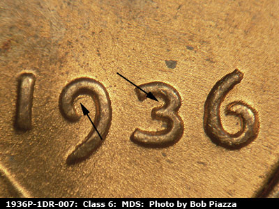 Die-stage B marker on 1936P•1DR•007 (1936 Doubled Die Reverse).