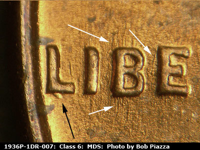 Die-stage B marker on 1936P•1DR•007 (1936 Doubled Die Reverse).