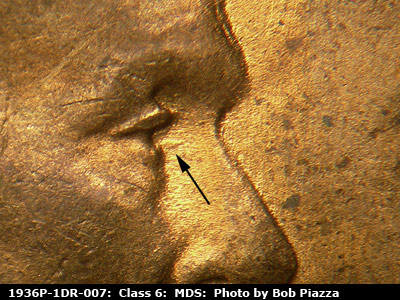 Die-stage B marker on 1936P•1DR•007 (1936 Doubled Die Reverse).