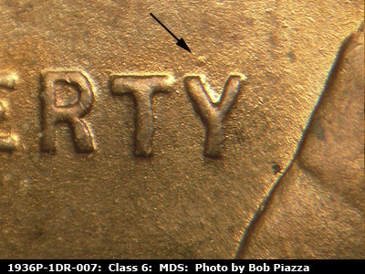 Die-stage B marker on 1936P•1DR•007 (1936 Doubled Die Reverse).