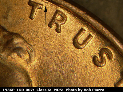 Die-stage B marker on 1936P•1DR•007 (1936 Doubled Die Reverse).