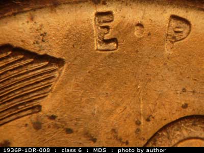 1936 Lincoln cent obverse, CopperCoins die 1936P•1DR•008.