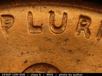 Die-stage B marker on 1936P•1DR•008 (1936 Doubled Die Reverse).