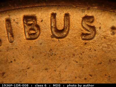 Die-stage B marker on 1936P•1DR•008 (1936 Doubled Die Reverse).