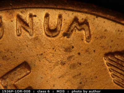Die-stage B marker on 1936P•1DR•008 (1936 Doubled Die Reverse).