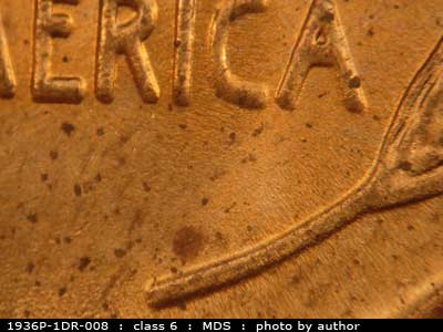 Die-stage B marker on 1936P•1DR•008 (1936 Doubled Die Reverse).