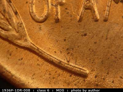 Die-stage B marker on 1936P•1DR•008 (1936 Doubled Die Reverse).